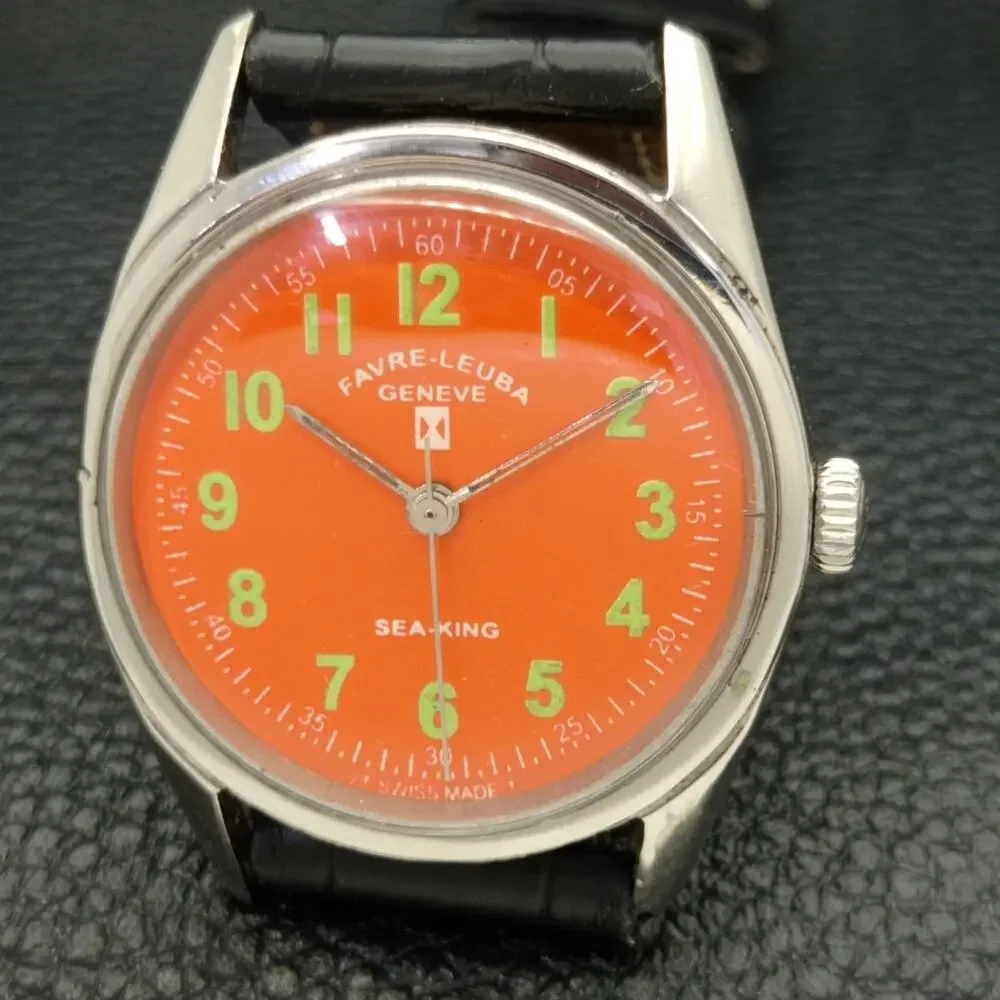 Vintage 1979 Favre Leuba Manual Mens Silver Watch W/Leather Strap
